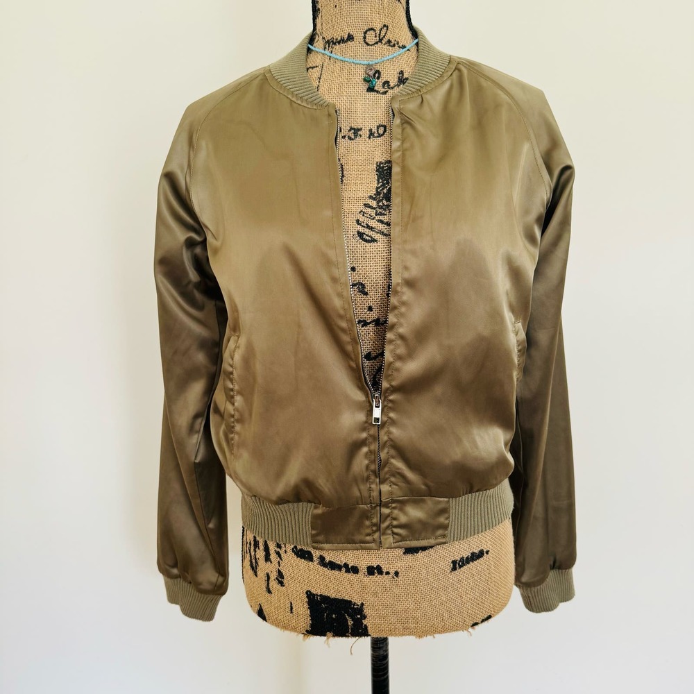 LF SEEK the Label Satin Womens Olive Green Bomber Motorcycle Full Zip Jacket XS